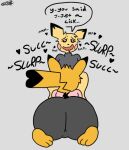  &lt;3 anthro big_butt bodily_fluids butt butt_focus clothing drooling duo female implied_oral invalid_tag kneeling kneeling_oral_position leggings legwear lewd_dorky looking_pleasured male male/female nintendo onomatopoeia penny_thunder pikachu pok&eacute;mon pok&eacute;mon_(species) saliva sound_effects speech_bubble text video_games 