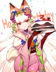  absurdres andou_inari animal_ears birthday birthday_cake bow cake carrot_cake choumi_wuti_(xueye_fanmang_zhong) figure flower food fox_ears fox_girl fox_tail fur hair_flower hair_ornament highlights highres japanese_clothes joints kimono long_hair multicolored_hair nijisanji orange_hair red_eyes robot_joints tail virtual_youtuber virtuareal white_background white_hair 