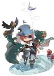  1boy bicorne bird blue_headwear blue_jacket blue_pants closed_mouth coin commentary_request crow dagger drake_(ragnarok_online) fish full_body fur-trimmed_jacket fur_trim gold_coin hat jacket long_sleeves looking_at_viewer male_focus mimic mimic_(ragnarok_online) mimic_chest pants peg_leg penomena phen_(ragnarok_online) pink_eyes pink_hair pipe pipe_in_mouth pirate pirate_hat ragnarok_online scabbard sheath shirt short_hair smile sword tennohi water weapon white_background white_shirt 