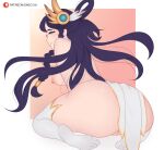  1girl ass bare_shoulders blue_eyes breasts divine_sword_irelia from_behind highres irelia large_breasts league_of_legends long_hair nipples no_panties purple_hair pussy saecchi solo thick_thighs thighhighs thighs topless white_legwear 