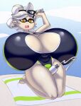  angstrom beach big_breasts bottle breasts cephalopod cleavage clothed clothing ear_piercing female grey_hair hair hi_res huge_breasts humanoid hyper hyper_breasts inkling marie_(splatoon) marine mollusk nintendo outside piercing seaside solo splatoon swimwear towel video_games yellow_eyes 