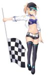  1girl ahoge alternate_costume arm_at_side artoria_pendragon_(all) bandeau baseball_cap belt black_footwear black_headwear black_legwear black_shorts blonde_hair blue_choker boots breasts checkered choker cleavage collarbone commentary_request cowboy_shot cropped_jacket cross_(crossryou) fate/grand_order fate_(series) flag full_body groin hair_through_headwear hat highres holding holding_flag jacket long_hair long_sleeves looking_at_viewer medium_breasts midriff mysterious_heroine_x_(fate) navel open_clothes open_jacket ponytail race_queen short_shorts shorts simple_background small_breasts smile solo standing stomach thigh_boots thighhighs white_background white_belt white_jacket 