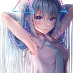  1girl aqua_neckwear armpits arms_behind_head arms_up bangs bare_shoulders blue_eyes blue_hair blush breasts collared_shirt eyebrows_visible_through_hair hair_between_eyes hair_ornament hatsune_miku highres long_hair looking_at_viewer medium_breasts necktie parted_lips sakura_(39ra) shirt sleeveless sleeveless_shirt solo twintails upper_body very_long_hair vocaloid white_shirt 