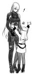  ! 2girls ak-15_(girls_frontline) bangs beret boots female_commander_(girls_frontline) girls_frontline gloves greyscale hair_over_one_eye hat height_difference jacket kny- long_hair long_sleeves military military_uniform monochrome multiple_girls simple_background sketch standing uniform white_background 