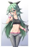  1girl absurdres alternate_costume ass_visible_through_thighs bangs black_ribbon blue_eyes bottle gradient gradient_background green_hair grey_background grey_pants gym_pants hair_between_eyes hair_ornament hair_ribbon hairclip highres kantai_collection long_hair looking_to_the_side midriff open_mouth pants parted_bangs ponytail ribbon sidelocks solo sports_bra squeeze_bottle standing steam training_pants twitter_username water_bottle white_background yamakaze_(kancolle) yuki_to_hana 