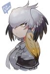  1girl bird_girl bird_wings blonde_hair commentary_request elbow_gloves eyebrows_visible_through_hair gloves grey_gloves grey_hair grey_neckwear grey_shirt hair_tie head_wings kemono_friends multicolored_hair necktie shirt shoebill_(kemono_friends) short_hair short_sleeves solo suicchonsuisui translated uniform wings yellow_eyes 