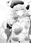  1girl animal_ears animal_print bangs bare_shoulders bikini blush breasts cleavage cow_ears cow_girl cow_hat cow_horns cow_print detached_collar detached_sleeves draph ear_piercing granblue_fantasy greyscale highres horns large_breasts long_hair looking_at_viewer monochrome mushi024 navel open_mouth piercing pointy_ears shatola_(granblue_fantasy) sheer_clothes short_shorts shorts sitting swimsuit thighs wide_sleeves 