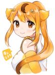  1girl animal_ears bare_shoulders blonde_hair blush circlet elbow_gloves gloves golden_snub-nosed_monkey_(kemono_friends) high_collar highres kemono_friends long_ponytail looking_at_viewer monkey_ears monkey_girl orange_eyes over_shoulder shirt sleeveless smile solo suicchonsuisui translated white_shirt 