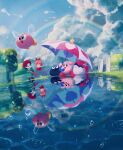  adeleine black_hair blue_eyes blue_sky bronto_burt cloud cloudy_sky dress fairy_wings galbo_(kirby) gooey heart highres hill kirby kirby_(series) looking_up pink_hair puddle rain rainbow red_dress red_headwear ribbon_(kirby) sky smile star_(symbol) suyasuyabi umbrella wings 