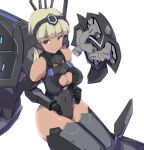  1girl alice_gear_aegis araime_yasuri bare_shoulders blonde_hair blue_eyes blush cleavage_cutout closed_mouth clothing_cutout dark_skin delta_gear headgear highres leotard looking_at_viewer mecha_musume simple_background solo white_background 