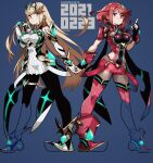  bangs black_gloves blonde_hair breasts chest_jewel earrings fingerless_gloves fujimoto_hideaki gloves highres jewelry large_breasts leggings long_hair mythra_(xenoblade) pantyhose pyra_(xenoblade) red_eyes red_hair red_legwear red_shorts short_hair short_shorts shorts super_smash_bros. swept_bangs thighhighs tiara very_long_hair xenoblade_chronicles_(series) xenoblade_chronicles_2 yellow_eyes 