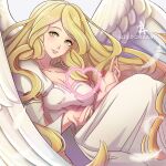  1girl absurdres bangs blonde_hair breasts cleavage collarbone dress feathered_wings fire_emblem fire_emblem:_path_of_radiance floating_hair green_eyes heart highres leanne_(fire_emblem) long_dress long_hair long_sleeves looking_at_viewer medium_breasts parted_lips shiny shiny_hair smile solo swept_bangs twitter_username very_long_hair white_dress white_feathers white_wings wings zedoraart 