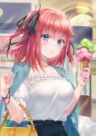  1girl bag bangs black_ribbon black_skirt blue_eyes blue_jacket blush breasts closed_mouth collarbone commentary_request day eyebrows_visible_through_hair food go-toubun_no_hanayome hair_ribbon hakuda_tofu hands_up highres holding holding_food ice_cream ice_cream_cone jacket jacket_on_shoulders looking_at_viewer medium_breasts nakano_nino off-shoulder_shirt off_shoulder outdoors red_hair ribbon shirt skirt solo two_side_up white_shirt 