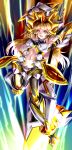  1000 1girl alternate_hair_length alternate_hairstyle armored_boots armpits arms_up bangs black_pants blunt_bangs boots faulds gloves highres holding holding_weapon midriff navel open_mouth pants senki_zesshou_symphogear solo stomach tachibana_hibiki_(symphogear) weapon yellow_eyes 