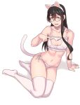  1girl alternate_costume animal_ears aqua_eyes arm_support bangs bare_arms bare_shoulders bell black_hair blush bra bra_pull breasts cat_cutout cat_ear_panties cat_ears cat_lingerie choker cleavage_cutout clothing_cutout collarbone commentary eyebrows_visible_through_hair fake_animal_ears frills glasses hairband highres jingle_bell kantai_collection legs long_hair looking_at_viewer meme_attire navel neck_bell ooyodo_(kancolle) panties parted_lips semi-rimless_eyewear side-tie_panties simple_background sitting small_breasts smile solo string_panties tail thighhighs under-rim_eyewear underwear underwear_only white_background white_bra white_panties yokozuwari yuuji_(and) 
