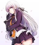  1girl absurdres bangs black_gloves black_ribbon blazer blunt_bangs braid collared_shirt cowboy_shot cropped_legs danganronpa:_trigger_happy_havoc danganronpa_(series) dress_shirt eyebrows_visible_through_hair floating_hair gloves hair_ribbon highres jacket kirigiri_kyouko long_hair long_sleeves miniskirt open_blazer open_clothes open_jacket orange_neckwear parted_lips pleated_skirt purple_eyes purple_jacket purple_skirt ribbon shirt silver_hair single_braid skirt solo very_long_hair watermark white_background white_shirt wing_collar zedoraart 