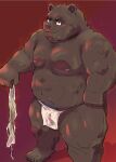  2021 anthro asian_clothing belly brown_body brown_fur bulge clothing dirty_underwear east_asian_clothing fundoshi fur hi_res japanese_clothing kemono male mammal moobs nipples overweight overweight_male red_background simple_background solo tachiuo underwear ursid 