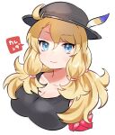  1girl armband bare_arms bare_shoulders big_hair black_headwear black_shirt blonde_hair blue_eyes calenda_(kemono_friends) commentary_request eyebrows_visible_through_hair hair_tie hat hat_feather kemono_friends kemono_friends_3 long_hair looking_at_viewer shirt smile solo suicchonsuisui tank_top translated upper_body 