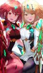  2girls bangs bare_shoulders black_gloves black_legwear blonde_hair blush breasts chest_jewel cleavage_cutout clothing_cutout dress earrings elbow_gloves fingerless_gloves gem gloves hair_ornament headpiece highres jewelry large_breasts long_hair looking_at_viewer multiple_girls mythra_(xenoblade) pantyhose pyra_(xenoblade) red_eyes red_hair red_legwear red_shorts short_dress short_hair short_shorts shorts simple_background smile super_smash_bros. swept_bangs thigh_strap thighhighs tiara uenoryoma very_long_hair weapon white_dress white_gloves xenoblade_chronicles_(series) xenoblade_chronicles_2 yellow_eyes 