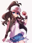  0wsaa0 1girl blue_eyes blue_shorts blurry blurry_background brown_hair collarbone cowboy_shot floating_hair hat high_ponytail hilda_(pokemon) holding holding_poke_ball long_hair looking_at_viewer parted_lips poke_ball poke_ball_print pokemon pokemon_(game) pokemon_bw shiny shiny_hair shirt short_shorts shorts simple_background sleeveless sleeveless_shirt solo standing torn_clothes torn_shorts white_background white_headwear white_shirt wristband 
