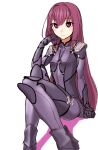  1girl alternate_breast_size armor blush bodysuit breasts closed_mouth fate/grand_order fate_(series) gishu hand_up highres long_hair looking_at_viewer purple_bodysuit red_eyes red_hair scathach_(fate) scathach_(fate)_(all) shoulder_armor simple_background sitting small_breasts solo spaulders white_background 