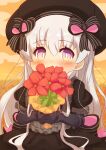  1girl absurdres bangs beret black_bow black_dress black_gloves black_headwear blush bouquet bow commentary_request covered_mouth doll_joints dress elbow_gloves eyebrows_visible_through_hair fate/extra fate_(series) flower gloves hair_between_eyes hair_bow hat highres holding holding_bouquet joints long_hair nursery_rhyme_(fate) outdoors puffy_short_sleeves puffy_sleeves purple_eyes red_flower short_sleeves silver_hair solo striped striped_bow sunset twitter_username very_long_hair yuya090602 