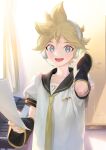  1boy arm_warmers bass_clef black_collar blonde_hair blue_eyes collar commentary copyright_name curtains door door_handle hand_on_headphones headphones holding holding_paper instrument kagamine_len keyboard_(instrument) looking_at_viewer male_focus nail_polish naoko_(naonocoto) necktie open_mouth paper sailor_collar school_uniform shirt short_ponytail short_sleeves sidelighting smile solo spiked_hair upper_body vocaloid white_shirt window yellow_nails yellow_neckwear 