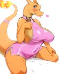  &lt;3 anthro anthrofied big_breasts blue_eyes blush breasts charizard clothed clothing dragon female fire flaming_tail looking_at_viewer mcfli navel nintendo nipple_outline pok&eacute;mon pok&eacute;mon_(species) pok&eacute;morph reptile scalie simple_background smile thick_tail tongue tongue_out video_games white_background 