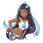  1girl armlet belly_chain bikini bikini_shorts black_hair blue_eyes blue_hair collarbone dark_skin dark_skinned_female floating_hair groin hand_on_hip highres holding holding_poke_ball jewelry long_hair looking_at_viewer multicolored_hair navel nessa_(pokemon) poke_ball pokemon pokemon_(game) pokemon_swsh shiny shiny_hair shorts solo sports_bikini standing swimsuit two-tone_hair very_long_hair white_background white_bikini zedoraart 