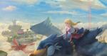  1boy 1girl above_clouds bangs beak blonde_hair blue_eyes blue_sky blunt_bangs cloud floating_island floating_rock flying link loftwing long_hair low-tied_long_hair open_mouth pointy_ears princess_zelda riding scenery sky smile statue the_legend_of_zelda the_legend_of_zelda:_skyward_sword water waterfall wings yagaminoue 