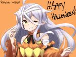  1girl :d absurdres ahoge bandaged_arm bandaged_head bandages bare_shoulders black_neckwear black_ribbon dated granblue_fantasy hand_up happy_halloween highres klaius long_sleeves looking_at_viewer medusa_(shingeki_no_bahamut) neck_ribbon one_eye_closed open_mouth orange_background ribbon simple_background smile solo twitter_username upper_body white_hair yellow_eyes 