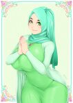  breasts dress green_eyes green_skirt hands_on_own_chest hands_together highres hijab jewelry looking_at_viewer original skirt smile zephyr_aile 