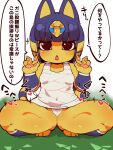  &lt;3 animal_crossing ankha_(animal_crossing) anthro blue_hair camel_toe check_translation clothing collarbone crouching domestic_cat felid feline felis female fukurou0807 fur hair hi_res japanese_text mammal navel nintendo open_mouth panties pawpads short_hair solo spiral_eyes text translation_request underwear uraeus video_games yellow_body yellow_fur 