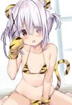  1girl animal_ears animal_print bikini breasts collarbone comic_cune eyebrows_visible_through_hair eyes_visible_through_hair fake_animal_ears fake_tail gloves hair_ornament hair_over_one_eye kurou_(quadruple_zero) long_hair looking_at_viewer navel ninose_shizuku open_mouth paw_gloves paws print_bikini print_gloves red_eyes short_hair small_breasts solo sweat swimsuit tail tiger_ears tiger_print tiger_tail watashi_no_tame_ni_nuginasai! x_hair_ornament yellow_bikini yellow_gloves 