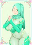  areola_slip areolae breasts green_eyes hand_on_own_chest hands_together highres hijab jewelry large_breasts original skin_tight smile thick_thighs thighs zephyr_aile 