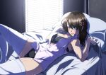  1girl bed bed_sheet black_bra black_panties blush bra breasts dress_shirt hair_ornament looking_at_viewer lying lyrical_nanoha mahou_shoujo_lyrical_nanoha_strikers medium_breasts no_pants on_back on_bed open_clothes open_mouth open_shirt panties pillow sheet_grab shiny shiny_hair shiny_skin shirt short_hair smile solo tappa_(esperanza) teeth thighhighs underwear white_legwear white_shirt x_hair_ornament yagami_hayate 