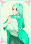  breasts dress green_eyes green_skirt green_sweater hands_together highres hijab large_breasts looking_at_viewer original skirt smile sweater zephyr_aile 