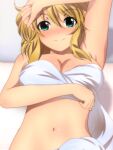  1girl arm_up armpit_peek bed blonde_hair blush breasts cleavage closed_mouth commentary eyebrows_visible_through_hair green_eyes hair_between_eyes looking_at_viewer lying medium_breasts midriff mizuhashi_parsee naked_sheet navel on_back on_bed pillow shadow short_hair solo stomach touhou upper_body yadokari_genpachirou 