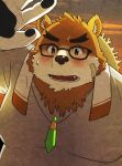  2021 anthro blush brown_body brown_fur clothing eyewear fur glasses hat headgear headwear hi_res humanoid_hands kemono male mammal overweight overweight_male solo straw_hat tokyo_afterschool_summoners towel ursid video_games volos yukimushi6 