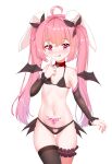  1girl :p absurdres ahoge animal_ears bikini black_bikini black_legwear black_sleeves breasts bunny_ears clothing_cutout collar demon_girl demon_wings denfunsan detached_sleeves finger_to_mouth garters heart heart-shaped_pupils heart_cutout highres long_hair navel original pink_eyes pink_hair pubic_tattoo ribbon side-tie_bikini single_thighhigh small_breasts smile solo swimsuit symbol-shaped_pupils tattoo thigh_gap thighhighs thighs tongue tongue_out twintails wings 