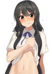  1girl absurdres akagi_kurage black_hair black_vest blue_ribbon blush buttons closed_mouth collared_shirt flying_sweatdrops hair_ornament highres kantai_collection lifted_by_self long_hair navel neck_ribbon oyashio_(kancolle) ribbon shirt shirt_lift short_sleeves simple_background smile solo vest white_background white_shirt yellow_eyes 