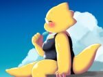  2018 alphys alpi anthro blush clothing eyes_closed eyewear female food glasses licking lizard one-piece_swimsuit popsicle reptile scalie sitting solo swimwear tongue tongue_out undertale video_games yellow_body yellow_skin 