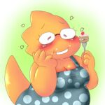  &lt;3 2018 alphys alpi anthro blush breasts cake cleavage clothed clothing cutlery dessert dress eating eyewear female food fork glasses happy kitchen_utensils lizard reptile scalie tools undertale video_games yellow_body yellow_skin 