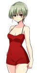  1girl alternate_hair_length alternate_hairstyle anchovy_(girls_und_panzer) bangs blush closed_mouth commentary cowboy_shot dress eyebrows_visible_through_hair girls_und_panzer green_hair light_frown looking_at_viewer medium_hair microdress nasunael red_dress red_eyes short_hair simple_background solo spaghetti_strap standing white_background 
