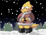  2018 2021 alphys alpi anthro bodily_fluids boots christmas clothing coat costume female footwear holidays lizard reptile santa_costume scalie snow solo sweat topwear undertale video_games yellow_body yellow_skin 