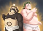  2021 anthro balls belly brown_body brown_fur bulge canid canine duo eyewear flaccid fur genital_outline genitals glasses hi_res human humanoid_genitalia humanoid_hands humanoid_penis kemono live-a-hero male mammal moobs nipples overweight overweight_male penis penis_outline pihii3 raccoon_dog shoen subaru_nobeyama tanuki towel video_games 