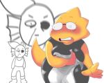  2018 alphys alpi anthro blood blush bodily_fluids clothing duo embarrassed eyewear female glasses lizard nosebleed reptile scalie tight_clothing undertale undyne video_games yellow_body yellow_skin 