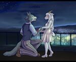  2021 amber_wind angora_goat anthro beastars black_nose bodily_fluids bottomwear bovid breasts canid canine canis caprine city cityscape clothed clothing crying digital_media_(artwork) domestic_goat dress dress_shirt duo els_(beastars) eye_contact female fur goat grey_body grey_fur hand_holding hi_res kneeling legoshi_(beastars) looking_at_another male male/female mammal night on_one_knee open_mouth pants pattern_bottomwear pattern_clothing pattern_pants romantic_ambiance romantic_couple school_uniform shirt signature sky sleeveless_dress standing star starry_sky striped_bottomwear striped_clothing striped_pants stripes tears topwear uniform vest white_body white_fur white_wool wolf wool_(fur) 