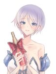  1girl absurdres bare_shoulders blue_eyes bottle bow breasts cleavage collarbone flower_knight_girl highres holding holding_bottle iyuka_(ecalyu) large_breasts looking_at_viewer purple_hair red_bow ryukokorine_(flower_knight_girl) short_hair simple_background smile solo upper_body very_short_hair white_background wine_bottle 
