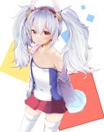  1girl :o animal_ears azur_lane bangs bare_shoulders bunny_ears camisole collarbone commentary_request eyebrows_behind_hair fur-trimmed_jacket fur_trim hair_between_eyes hairband highres jacket laffey_(azur_lane) long_hair long_sleeves looking_at_viewer off_shoulder open_clothes open_jacket parted_lips pink_jacket pleated_skirt red_eyes red_hairband red_skirt silver_hair skirt sleeves_past_wrists solo strap_slip takara_akihito thighhighs twintails white_camisole white_legwear wide_sleeves 